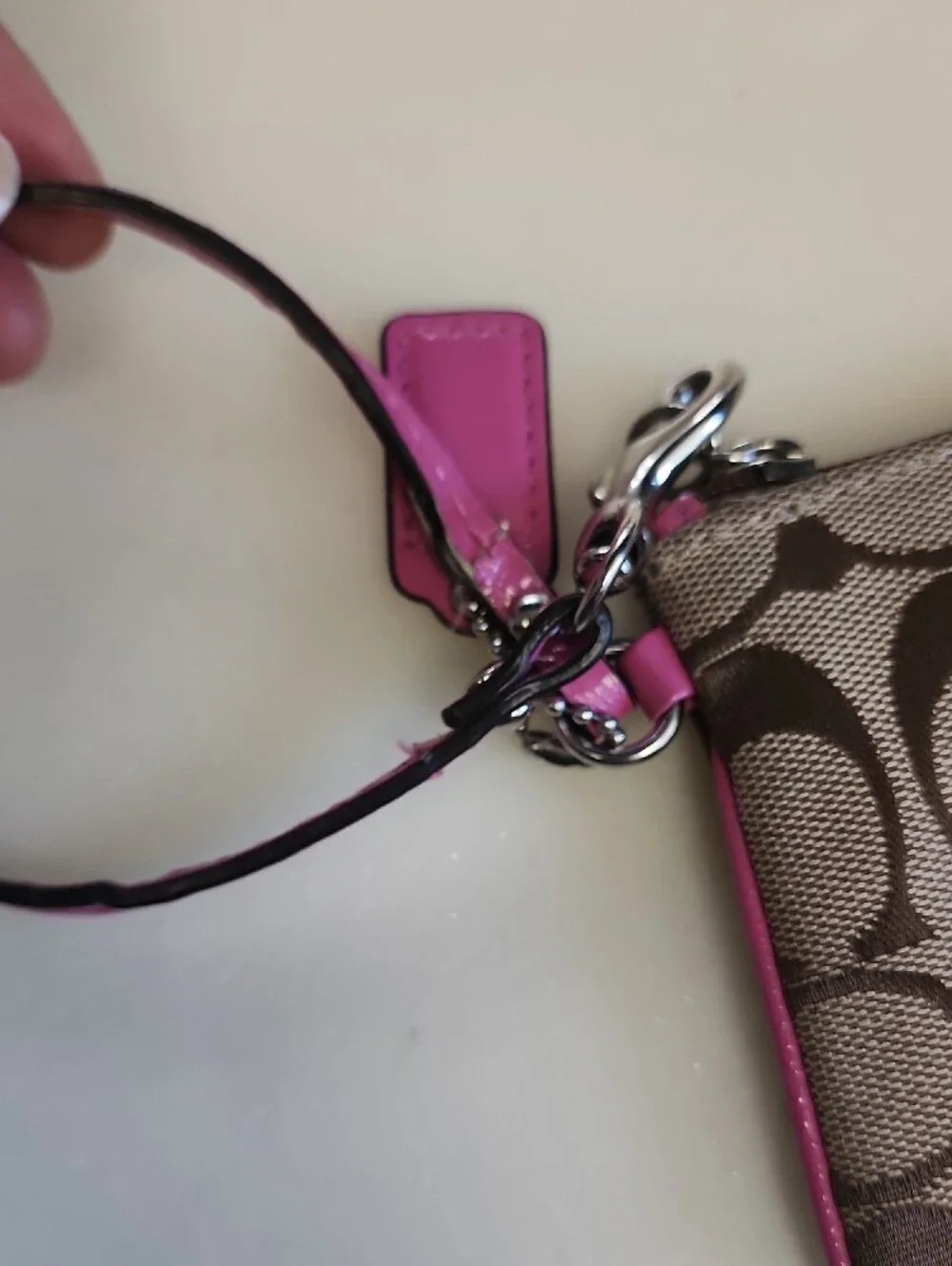 Coach Brown Signature Canvas Shoulder Bag with Pink Stripe and Matching Wallets